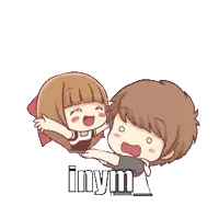 a boy is carrying a girl in his arms with the word inym written below them