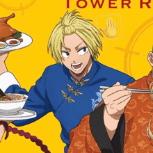 a man in a blue shirt is holding a plate of food and chopsticks in front of a sign that says tower r