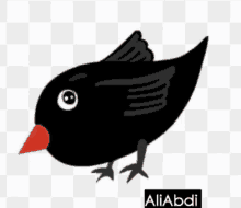 a black bird with a red beak and a logo for aliabdi