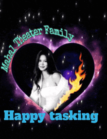 a woman is sitting on a bed with the words happy tasking behind her