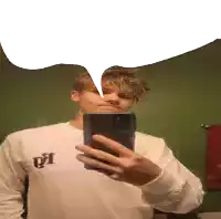 a man taking a selfie with a speech bubble above him
