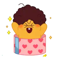 a cartoon character with an afro is sitting in a pink box with hearts on it