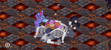 a cartoon drawing of a cat and a dog laying on a rocky floor