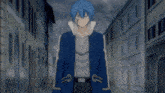 a blue haired anime character is standing in front of a row of buildings