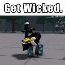 a cartoon character is holding a plate of food and the words get wicked
