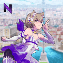a girl in a purple and white dress is giving a thumbs up sign