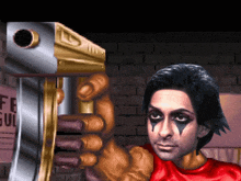 a pixelated image of a man holding a gun with a sign behind him that says fe gul
