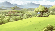 a drawing of a landscape with trees and mountains in the background
