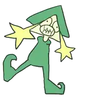 a drawing of a cartoon character with a green hat and yellow stars
