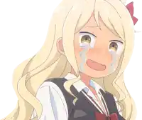 a girl with long blonde hair is crying with tears running down her face