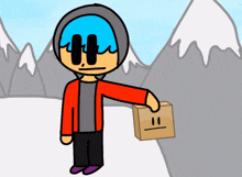 a cartoon character holding a cardboard box with a sad face on it