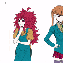 a girl with red hair is standing next to a girl in a blue suit