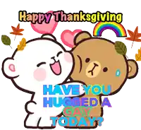 a happy thanksgiving greeting card with two bears hugging