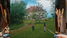 a painting of two men standing in front of a house is made in animatica
