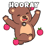 a cartoon of a teddy bear saying hooray with strawberries around it
