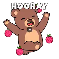 a cartoon of a teddy bear saying hooray with strawberries around it