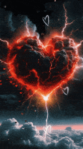 a heart shaped cloud is surrounded by lightning bolts