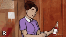 a cartoon of a woman holding a bottle of wine and a glass .