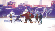 a cartoon of a group of people playing in the snow