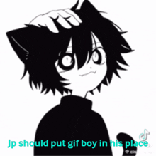 a black and white drawing of a boy with a cat ear putting his hand on his head .