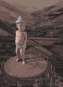 a baby in a diaper is standing on a circular object with the words animation by ron lussier and c.studio below it