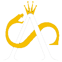 a white letter a with a gold snake and a crown on top