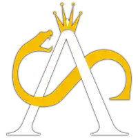 a white letter a with a gold snake and a crown on top