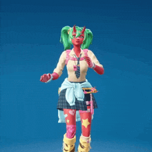 a girl with green hair and red skin is jumping with her hands in the air