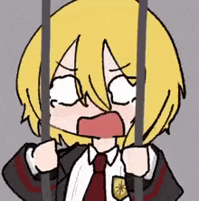 a cartoon of a man in a suit and tie behind bars with his mouth open .
