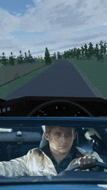 a man in a white jacket is driving a car with the number 5 on the dashboard