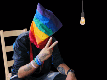a man with a rainbow hat on his head is giving a peace sign