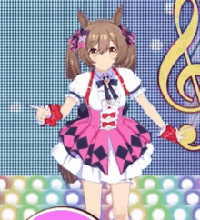 a girl in a pink dress is standing in front of a treble clef and holding a pair of scissors .