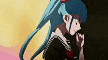 a girl with blue hair is wearing a sailor suit