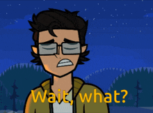 a cartoon of a man with glasses and the words wait what on the bottom