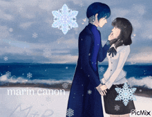 a picture of a man and a woman standing in the snow with the words marin canon on the bottom