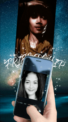 a person is holding a cell phone with a picture of a girl on it