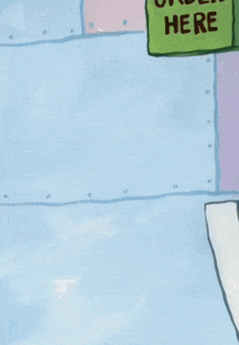 a cartoon of spongebob wearing a wig and a sign that says " order here "