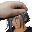 a pixel art of a person 's head being touched by another person 's hand .