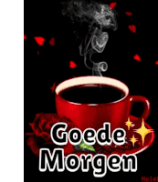 a cup of coffee with smoke coming out of it is on a saucer with roses and hearts on a black background .