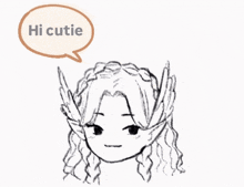 a black and white drawing of a girl with a speech bubble that says hi cutie
