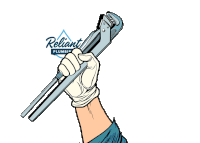 reliant plumbing logo with a hand holding a pipe wrench