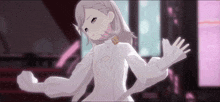 the girl is wearing a white dress and gloves and is dancing in a room .