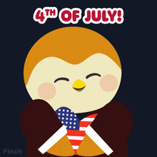 a penguin is holding an american flag and the words 4th of july are above it
