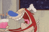 a cartoon character is blowing out candles on a pink cake