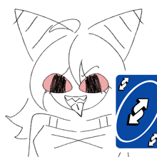 a drawing of a cat with red eyes next to a blue uno card