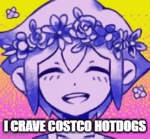 a cartoon of a girl with a flower crown on her head says i crave costco hotdogs .