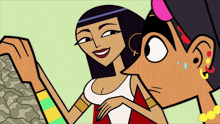 a cartoon of a man and a woman looking at a piece of paper