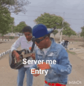 a man playing a guitar with the words " server me entry " on the bottom