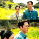 a man and a woman standing in a field of yellow flowers