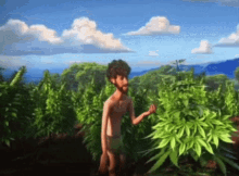 a cartoon of a man standing in a field of plants